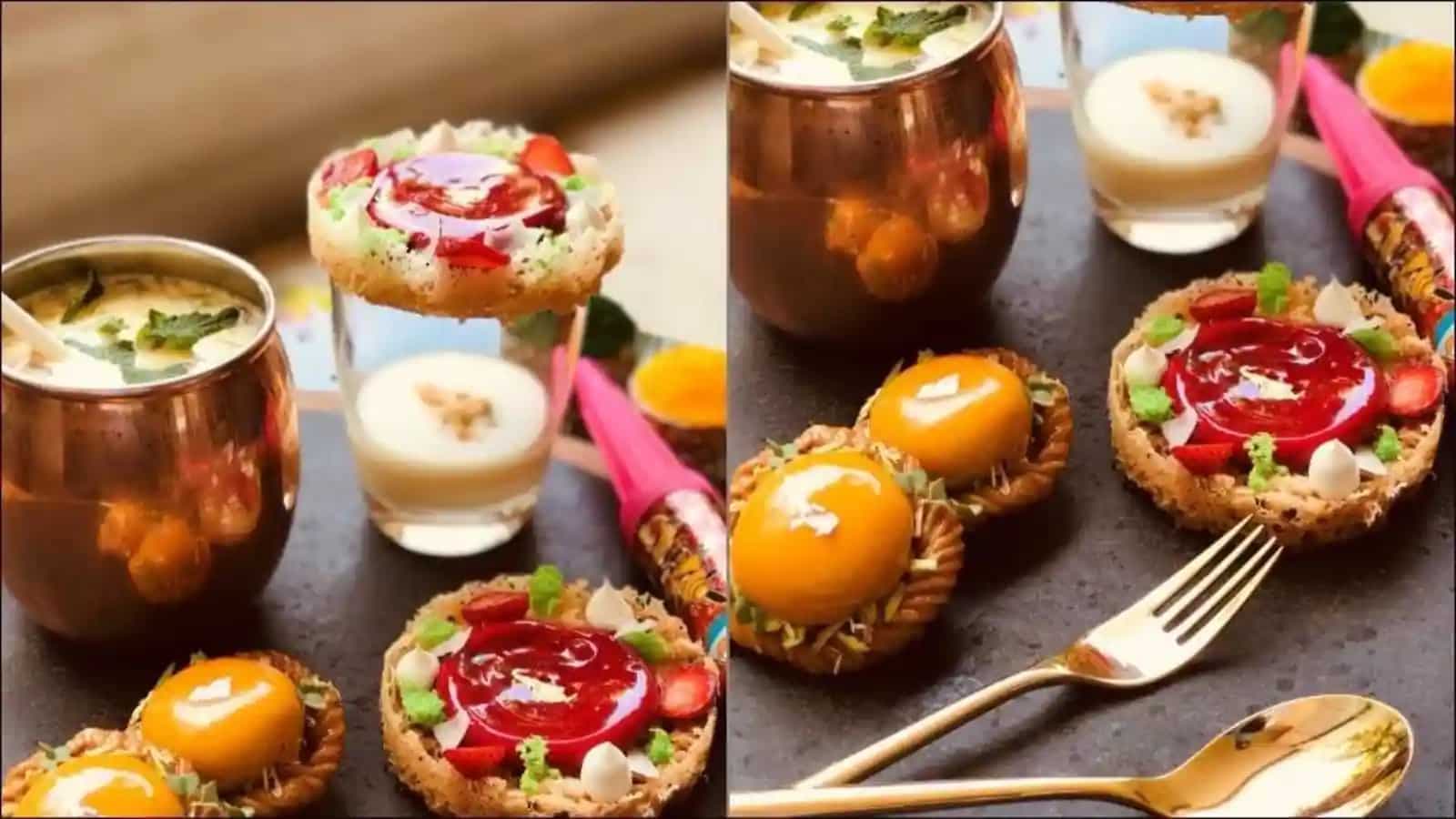 Recipe: Strawberry ghevar with coconut rabri, mango passion Chandrakala on Holi