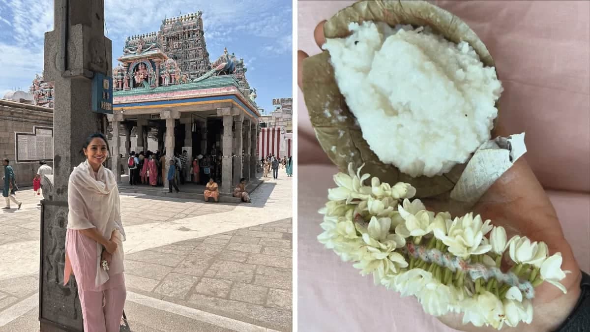 Sobhita Dhulipala Relishes Curd-Rice Prasad In Chennai Temple